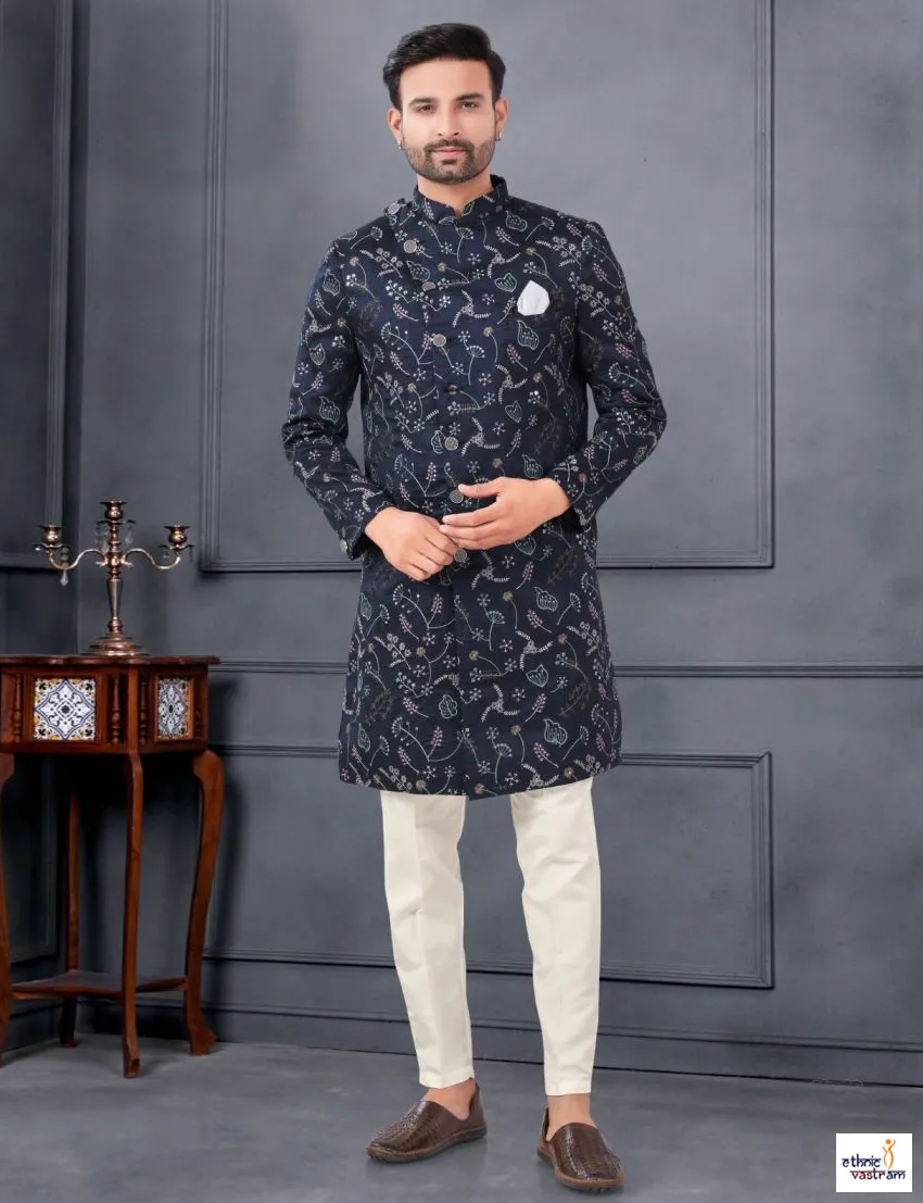 Navy Blue Silk Embroidered Wedding Indo Western Kurta Pant