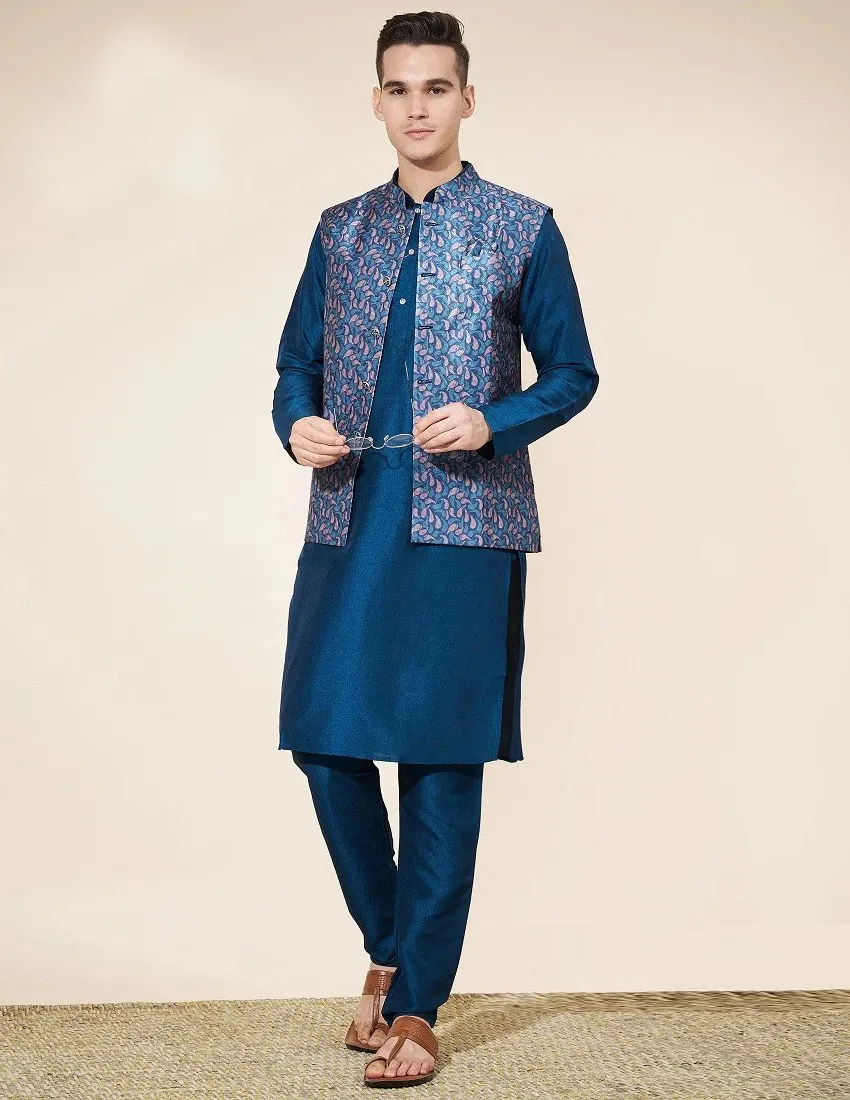 Navy Blue Silk Kurta Pajama With Jacquard Jacket