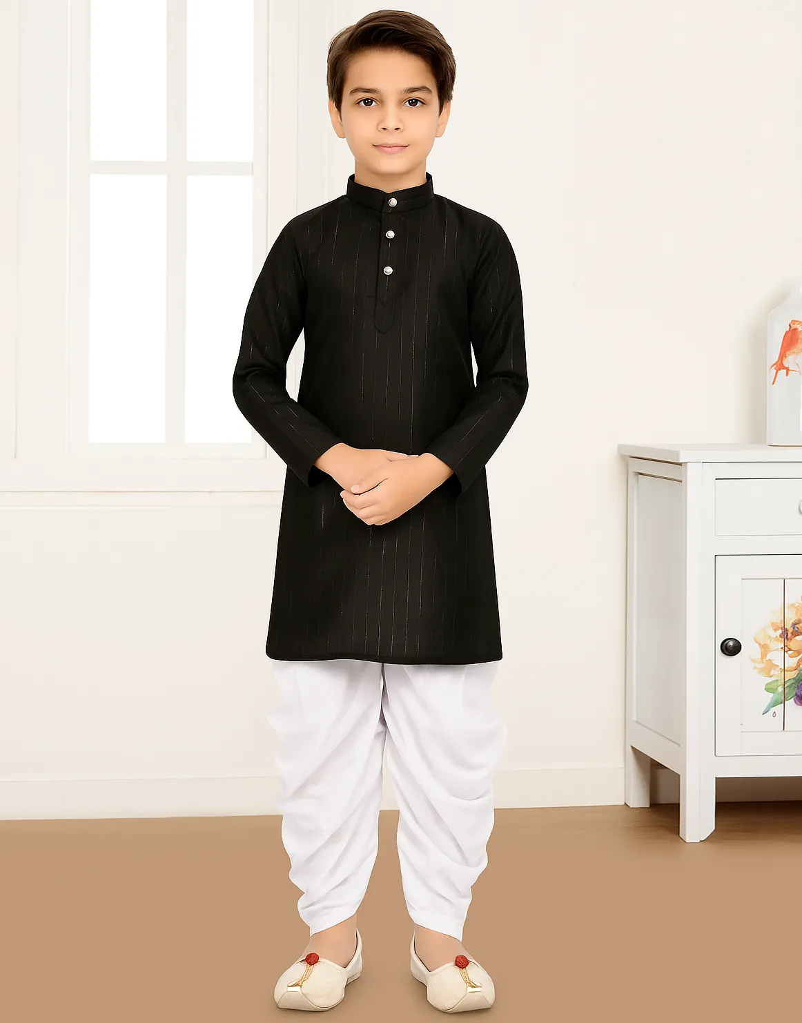 Black Cotton Lining Work Kid's Kurta Pyjama