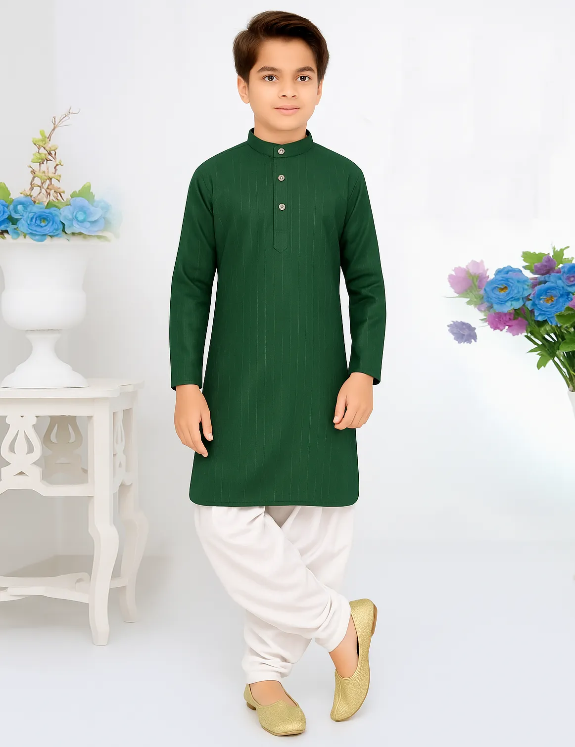 Green Cotton Lining Work Kid's Kurta Pyjama