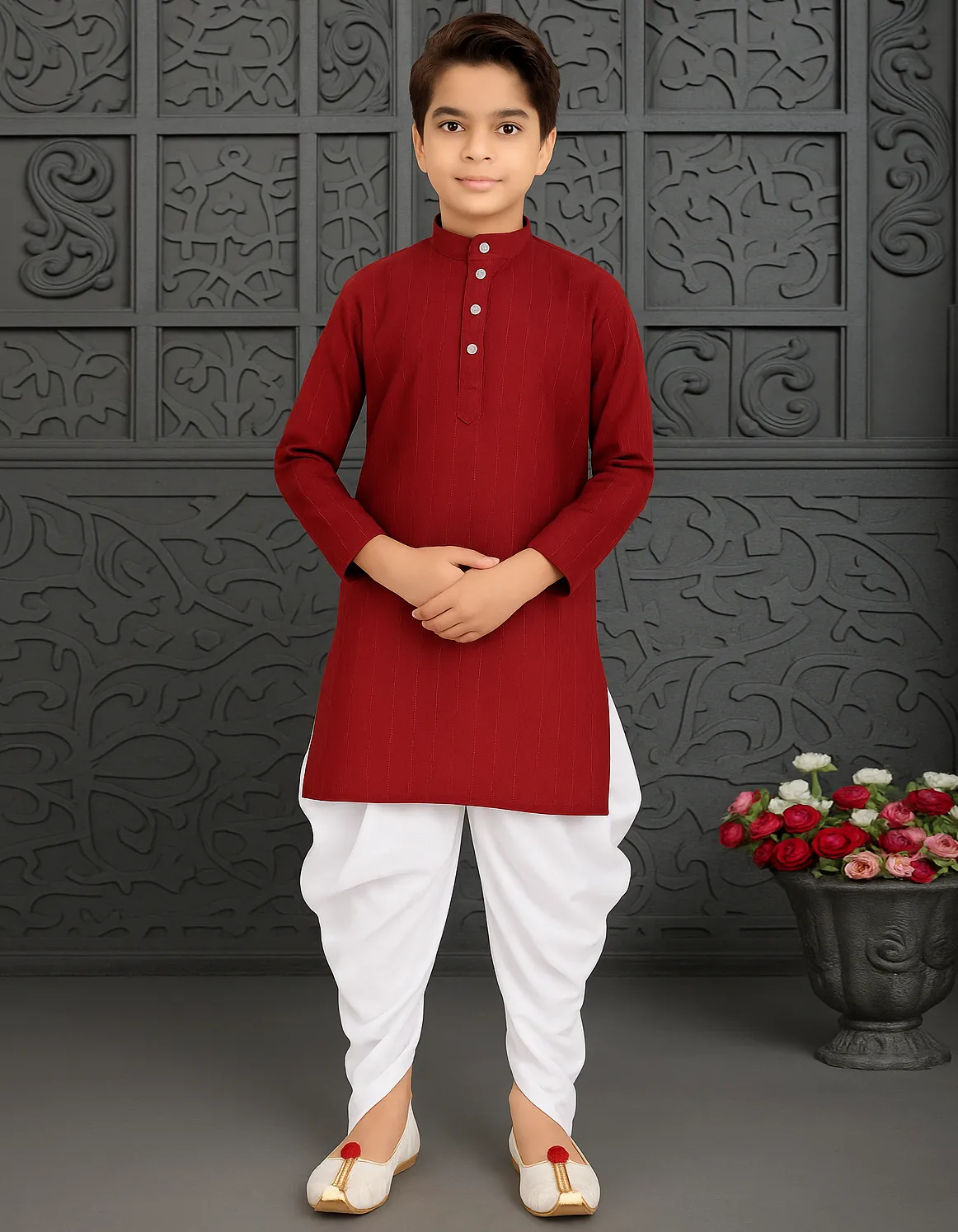 Red Cotton Lining Work Kid's Kurta Pyjama