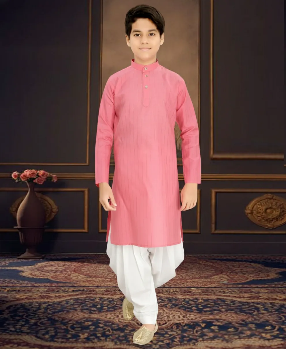 Pink Cotton Lining Work Kid's Kurta Pyjama