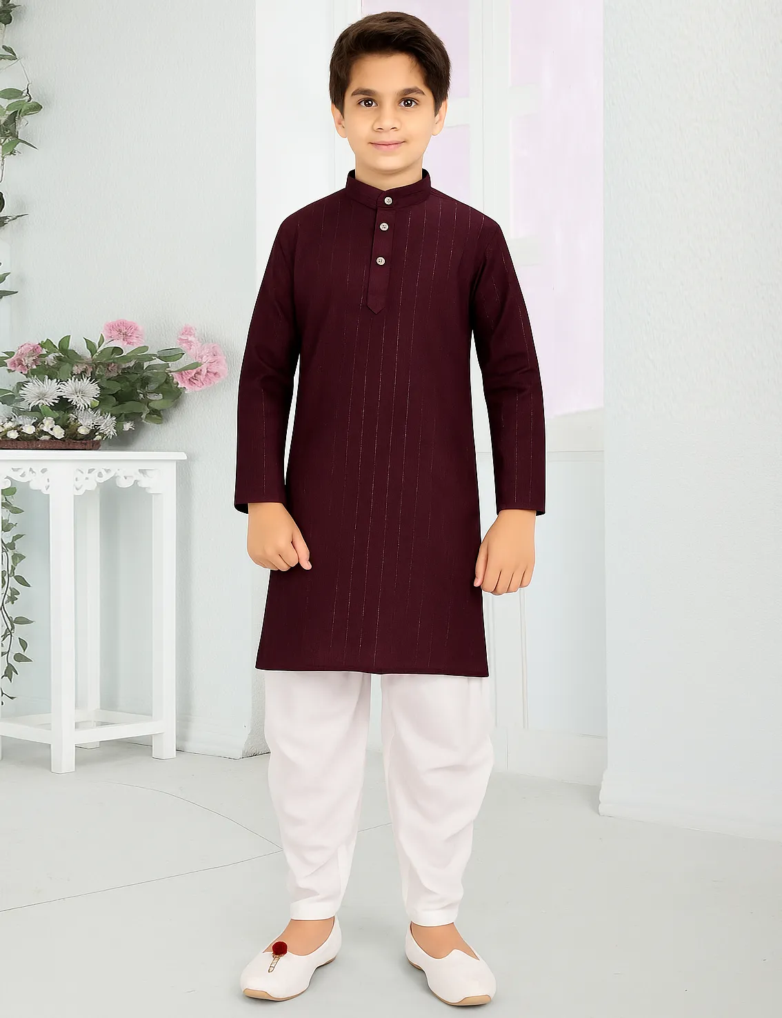 Wine Cotton Lining Work Kid's Kurta Pyjama