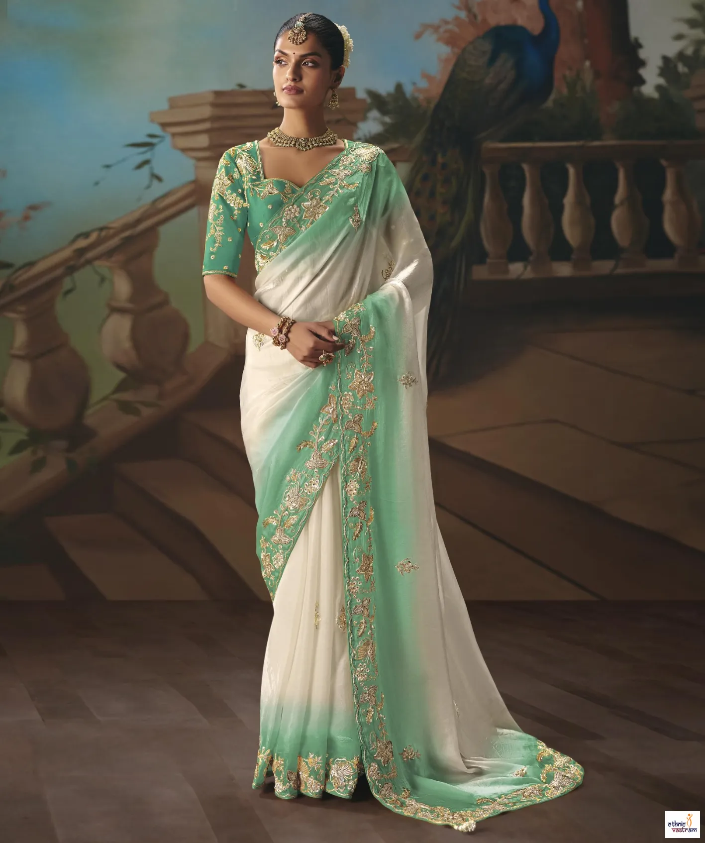 Off White & Mint Green Thread Embroidered Tissue Designer Saree