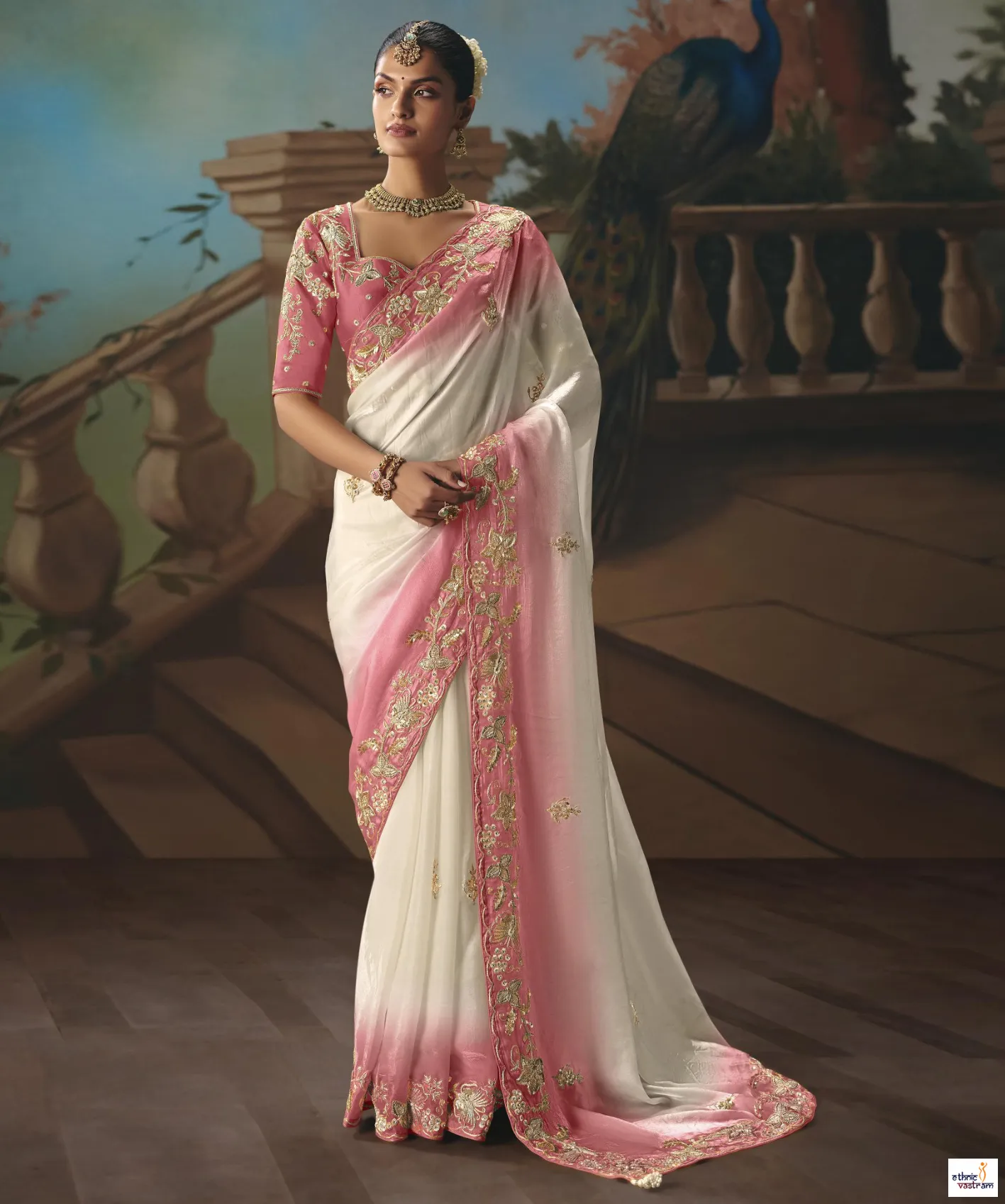 Off White & Pink Glass Tissue Sequins & Thread Embroidered Saree