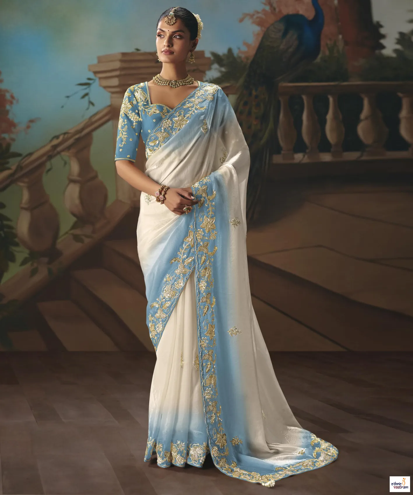 Off White & Sky Blue Thread Embroidered Glass Tissue Saree