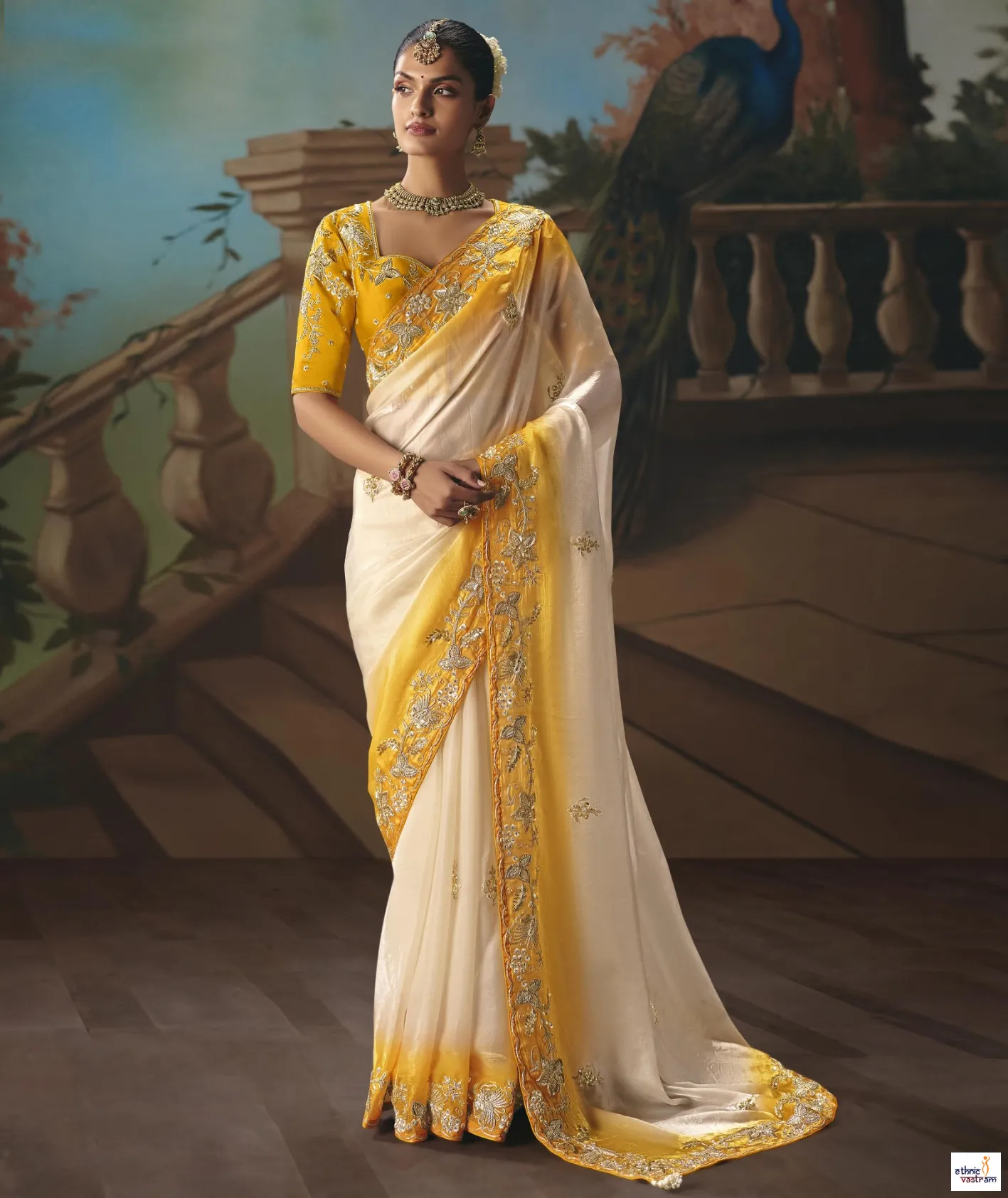 Off White & Yellow Glass Tissue Thread Embroidered Designer Saree