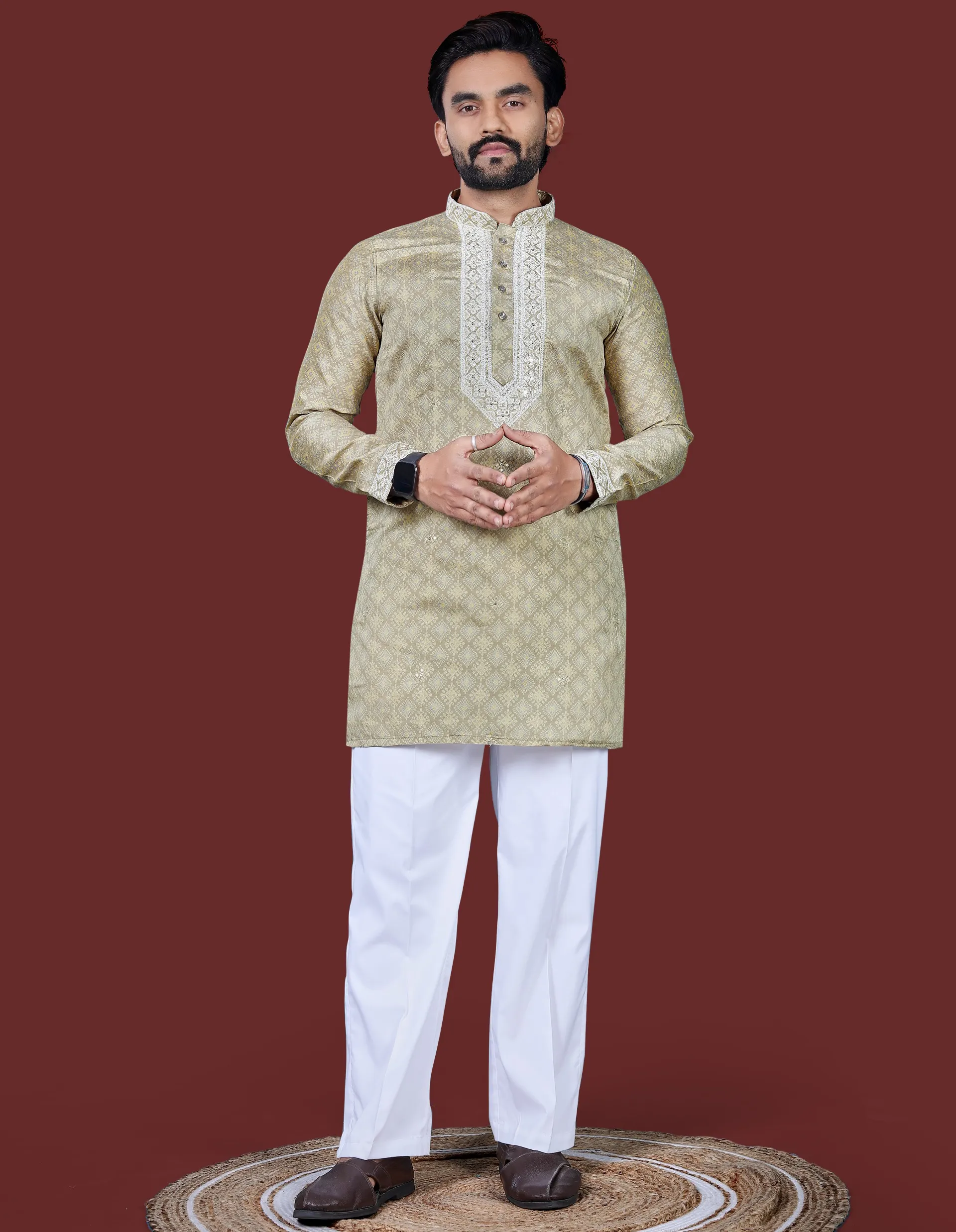 Olive Green Silk Embroidered Kurta Set With Baggy Pajama