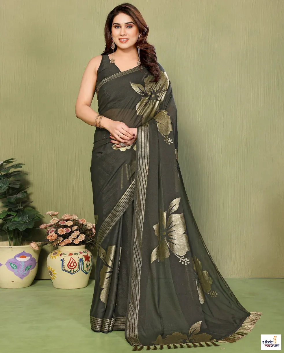 Olive Green Star Georgette Silk Foil Work Saree With Tassels