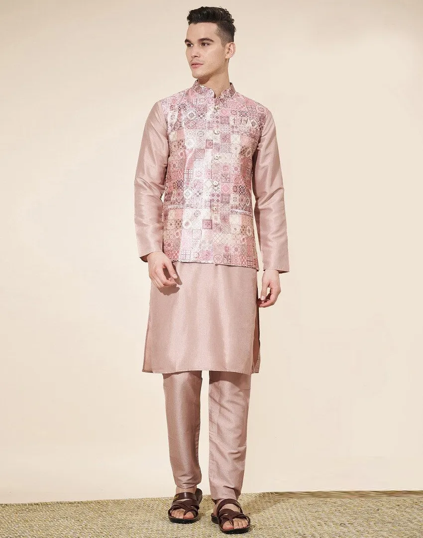 Onion Pink Silk Kurta Pajama With Jacquard Jacket