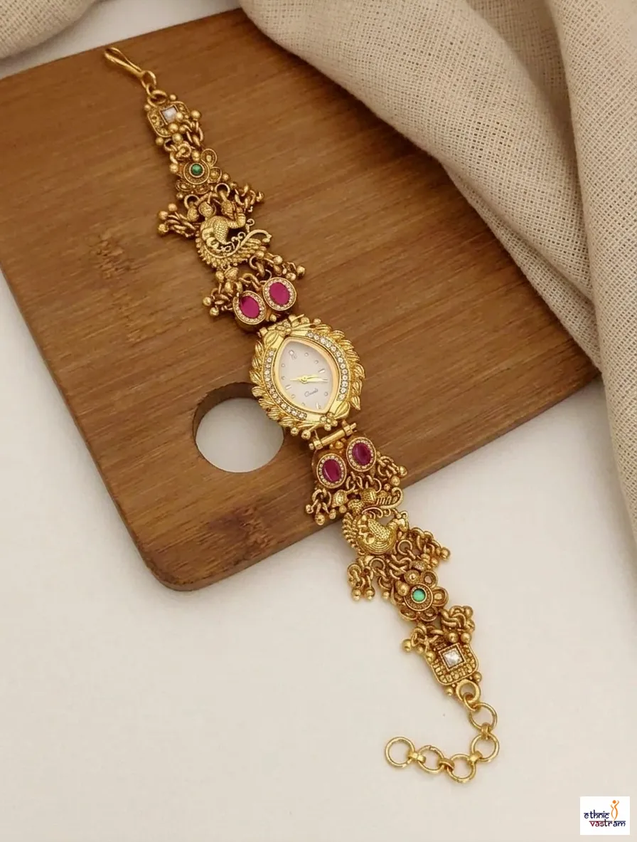Oval-Shaped Pink And Green Stone Traditional Ethnic Jewelry Watch
