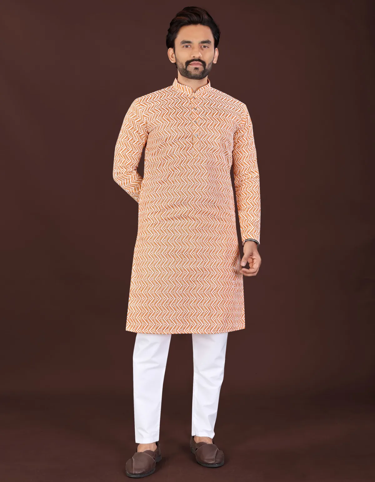 Peach Premium Cotton Lucknowi Chikankari Kurta Pajama
