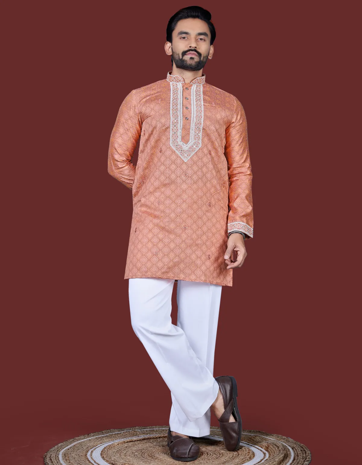 Peach Silk Embroidered Kurta Set With Baggy Pajama