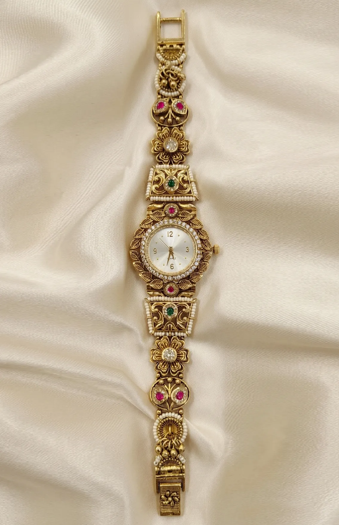 Pearl Borders & Ruby-Emerald Floral Heritage Bracelet Watch