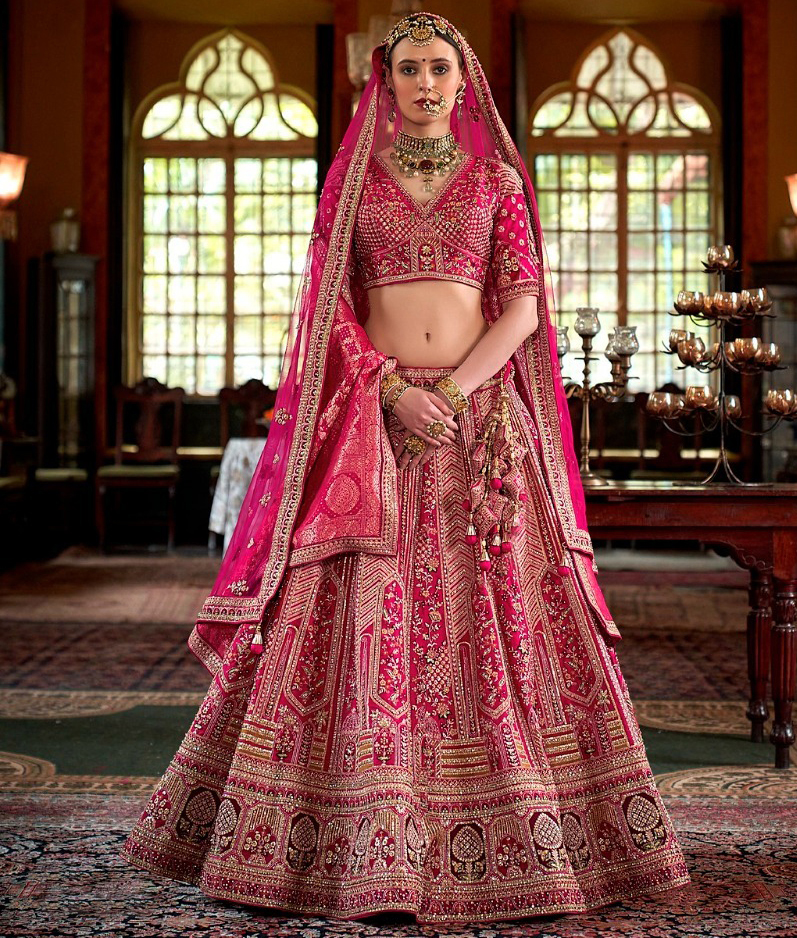Pink Bridal Tone Silk Embroidered Readymade Lehenga With Double Dupatta