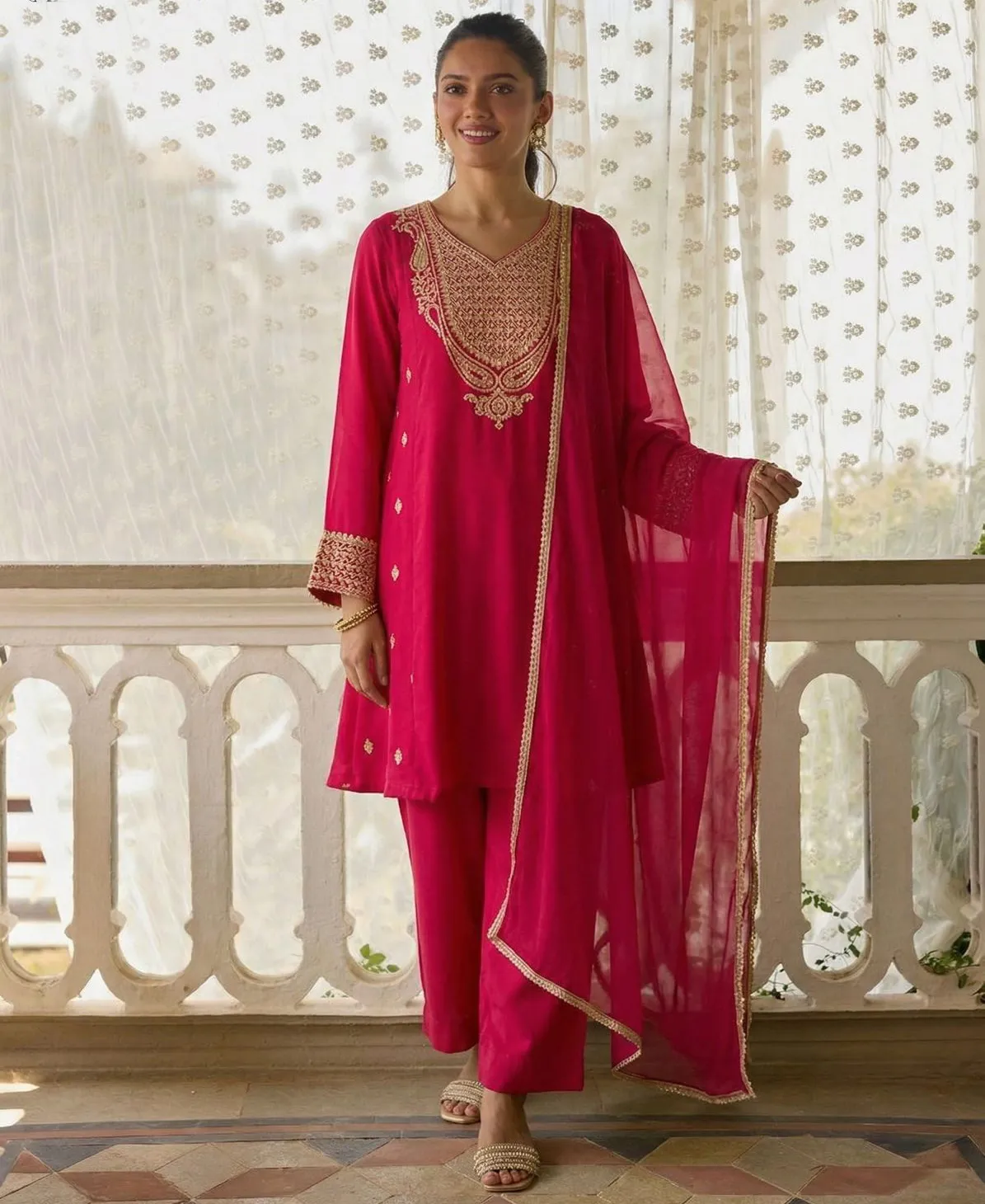 Pink Cotton Silk A-Line Embroidered Readymade Suit