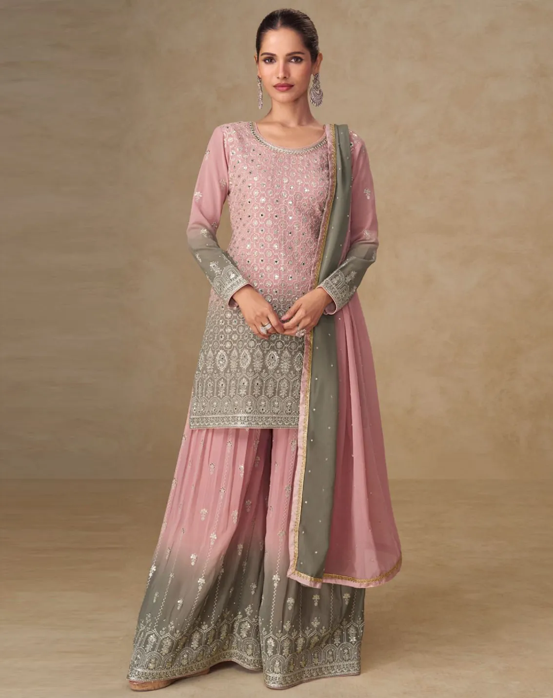 Pink Designer Real Georgette Embroidered Readymade Palazzo Suit