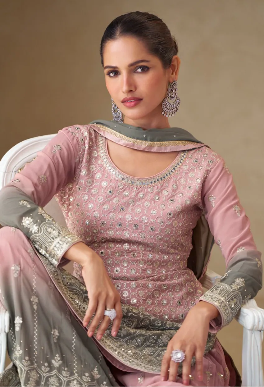 Pink Designer Real Georgette Embroidered Readymade Palazzo Suit - Image 2