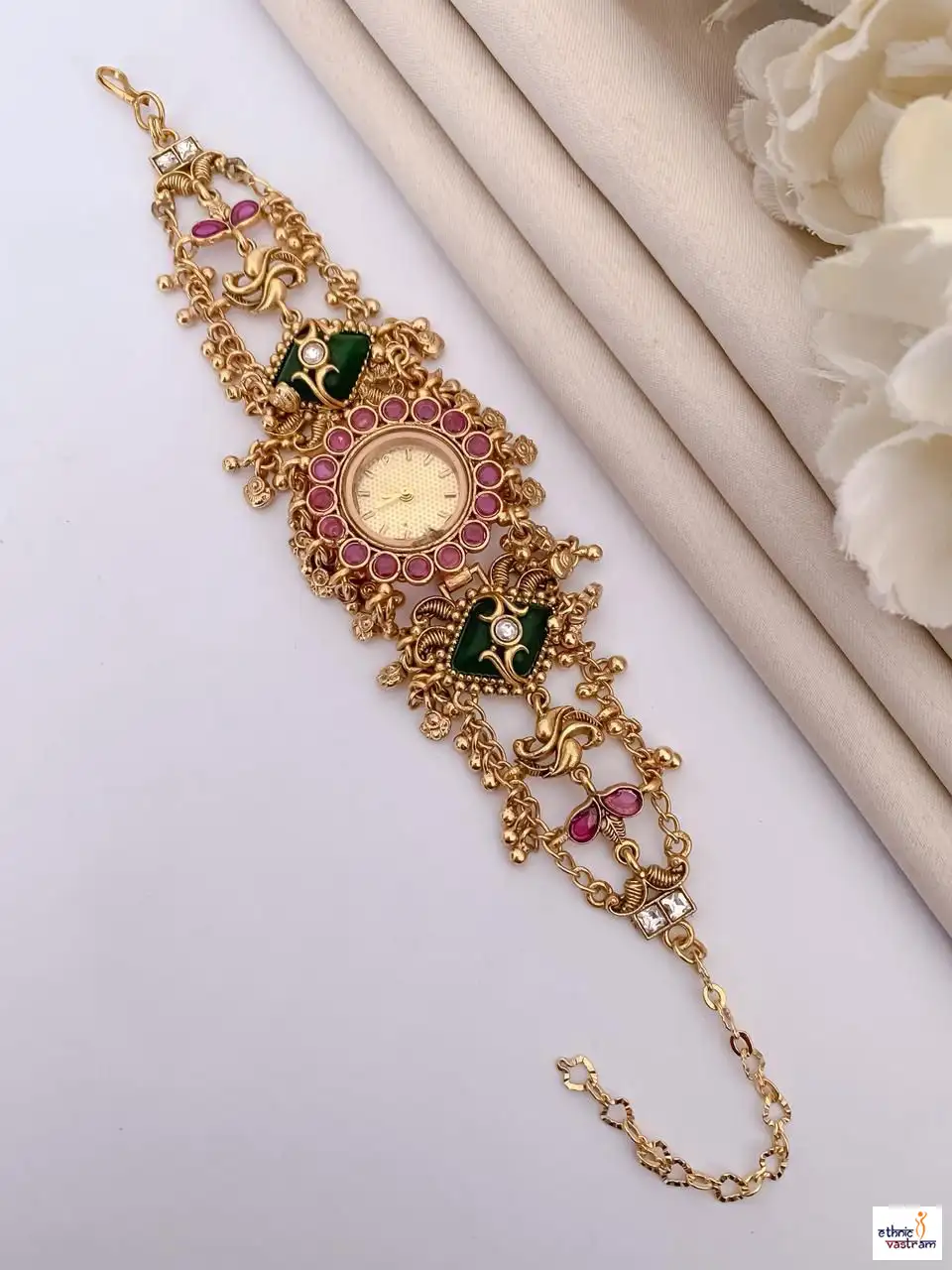 Pink & Green Stone Work Gold-Plated Temple Style Bracelet Watch