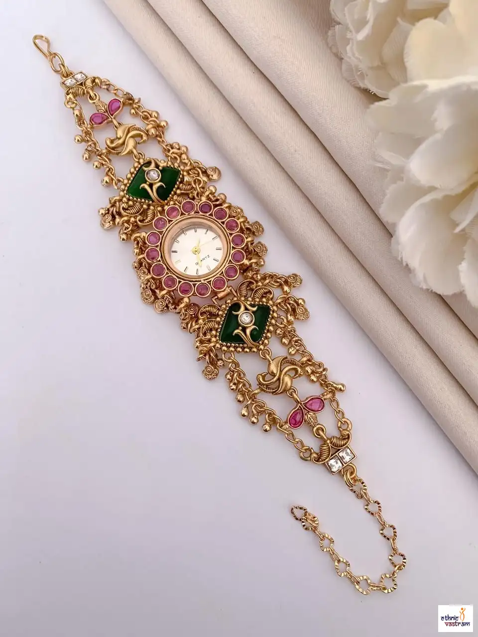 Pink & Green Stone Work Gold-Plated Traditional Bracelet Watch