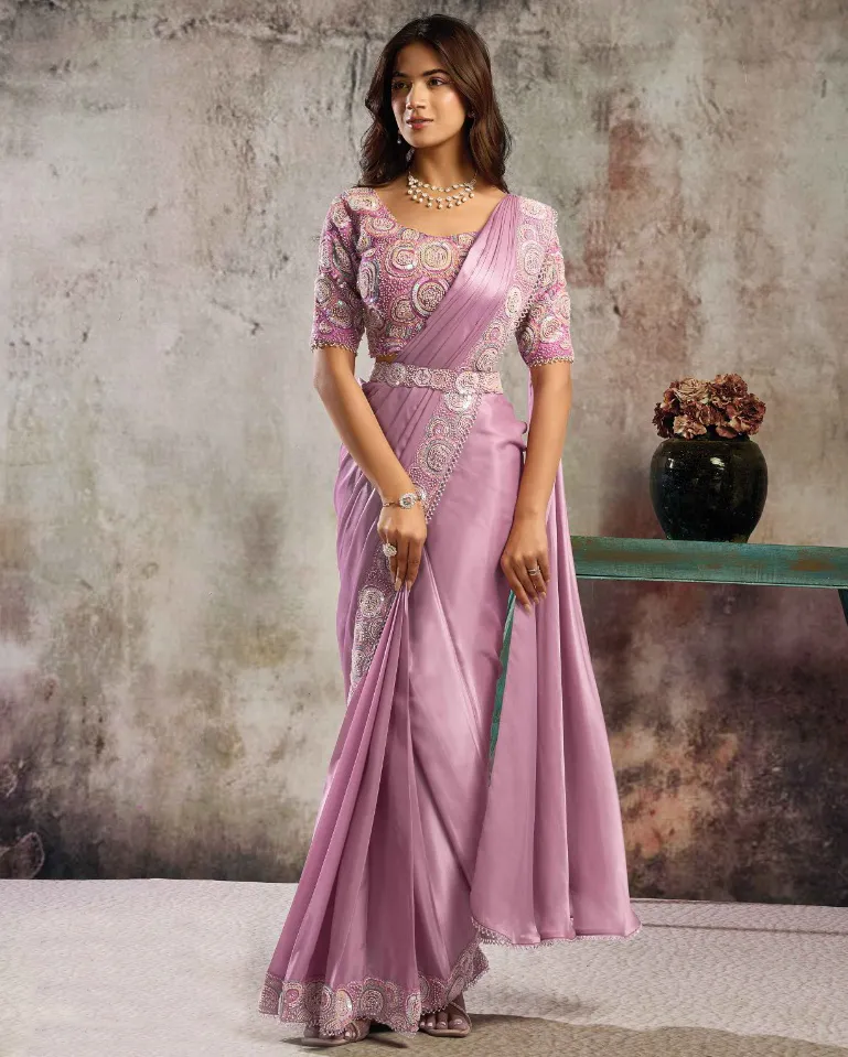 Pink Lustrous Satin Multi Beads Work Readymade Saree