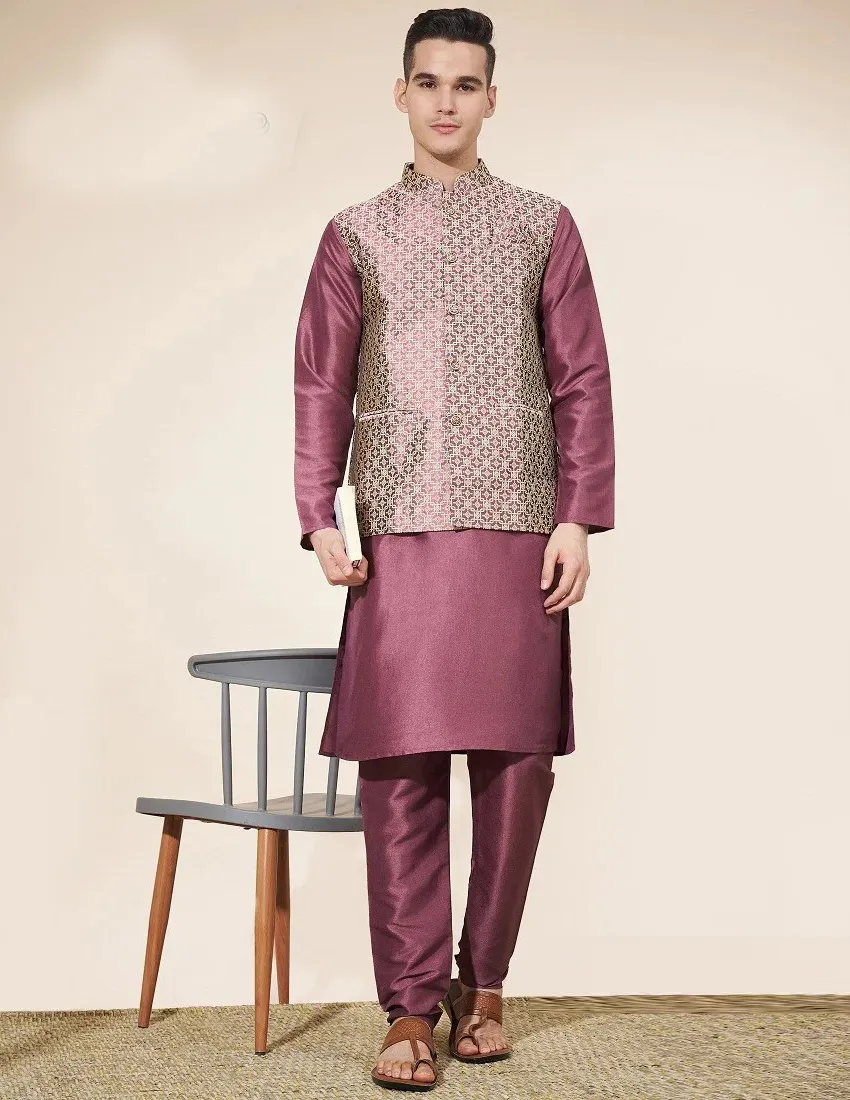 Pink Plain Silk Kurta Pajama With Jacquard Jacket