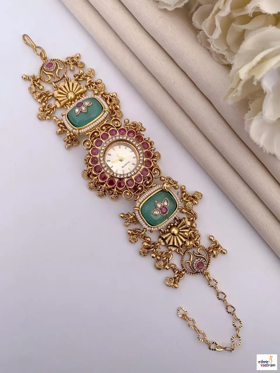 Pink Stone Heritage Kundan-Style Handcrafted Designer Watch