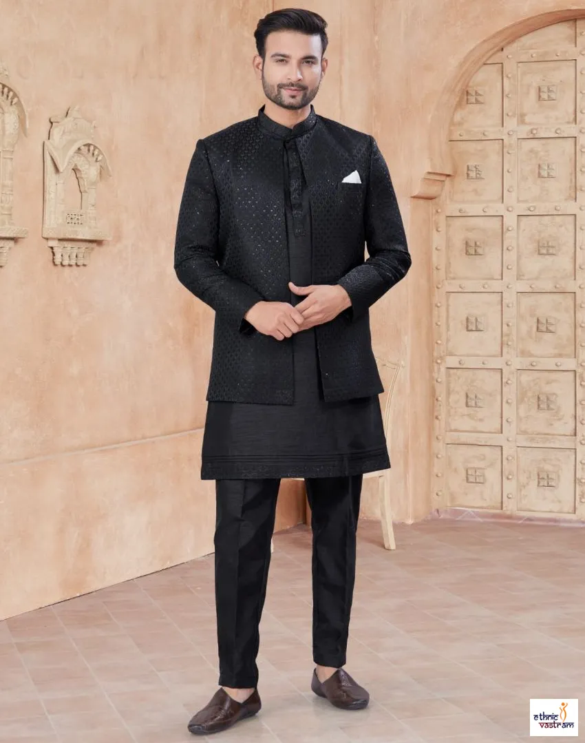 Premium Embroidered Sequins Black Pure Silk Indo Western Set