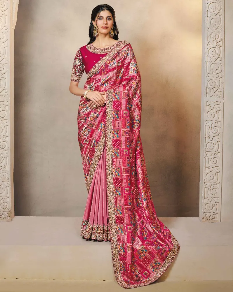 Pink Pure Gajji Jacquard Silk Handwork Designer Saree
