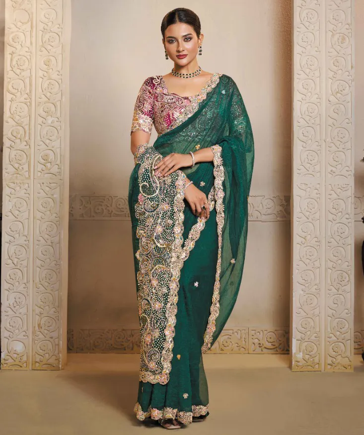 Green Organza Satin Stone Work Designer Saree
