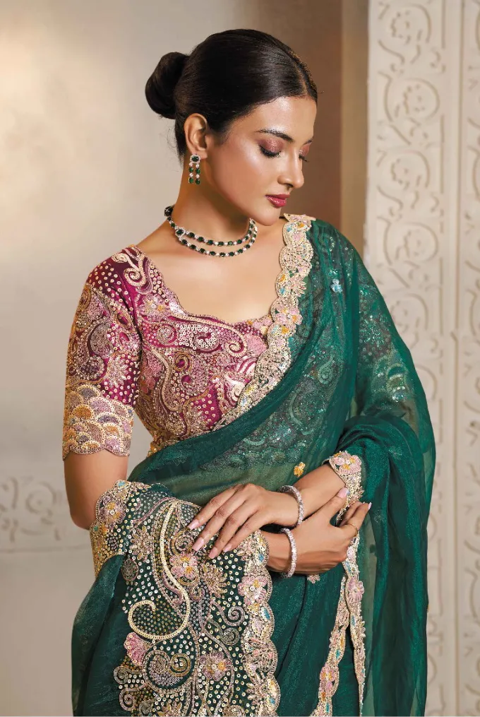 Green Organza Satin Stone Work Designer Saree - Image 2