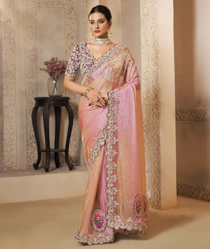 Peach Zari Organza Silk Embroidered Hand Work Designer Saree