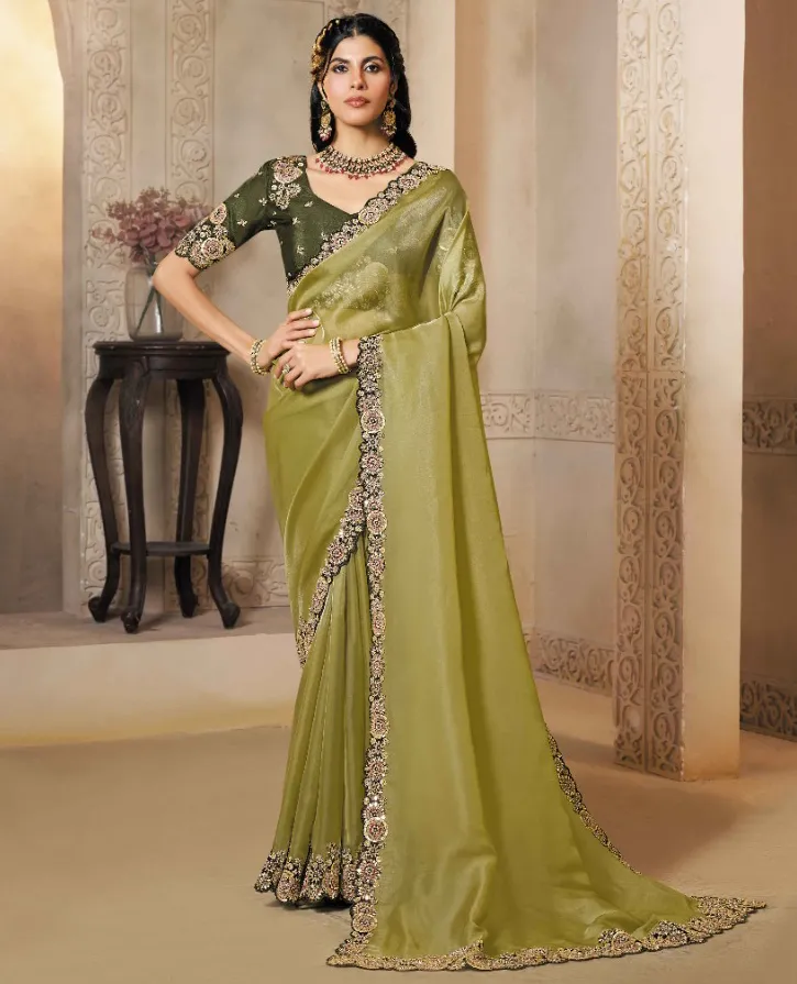 Olive Green Organza Satin Multi Stone Work Designer Saree