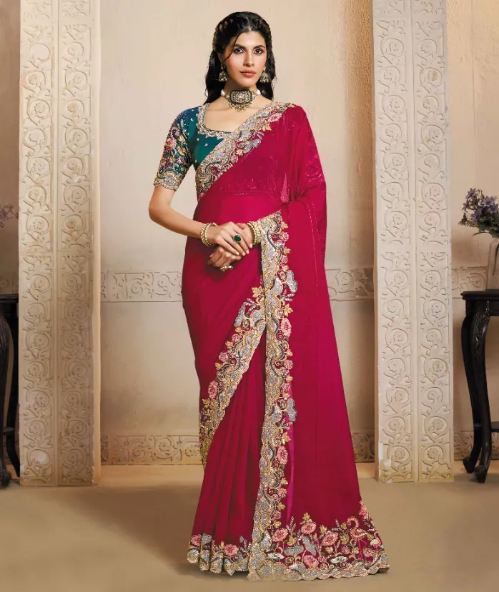 Red Two Tone Satin Silk Stone Work Designer Saree