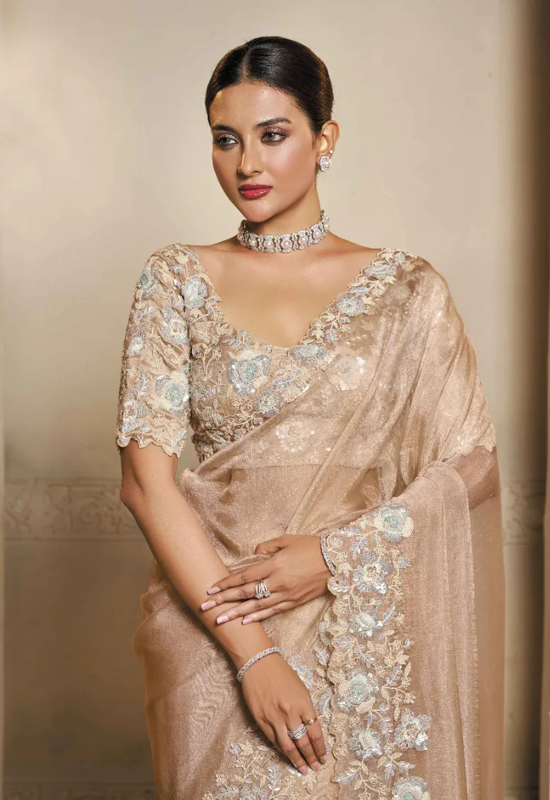 Beige Organza Crush Satin Multi Stone Work Designer Saree - Image 2