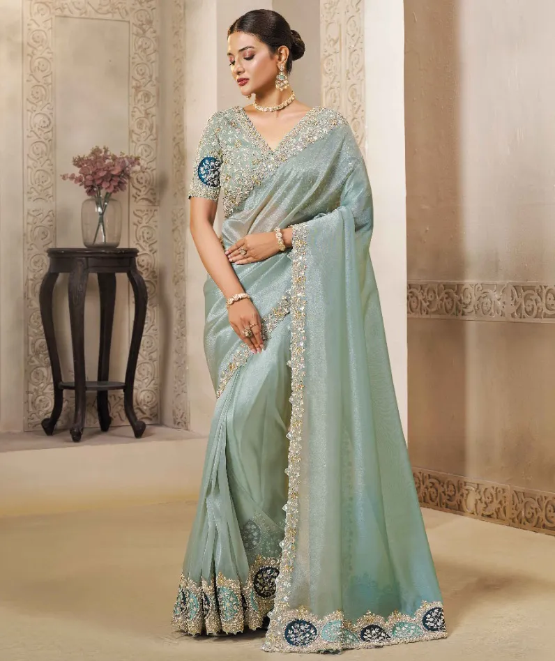 Sea Green Organza Tissue Silk Handwork Designer Saree