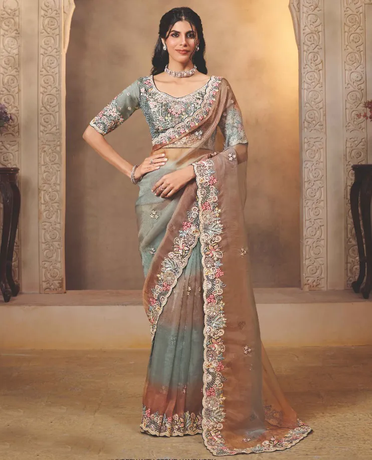 Grey And Brown Shaded Organza Satin Stone Work Designer Saree
