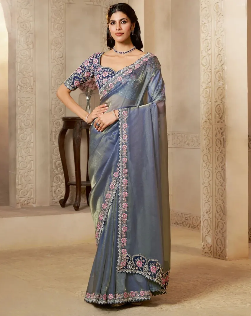 Grey Organza Satin Pearl Stone Work Designer Saree