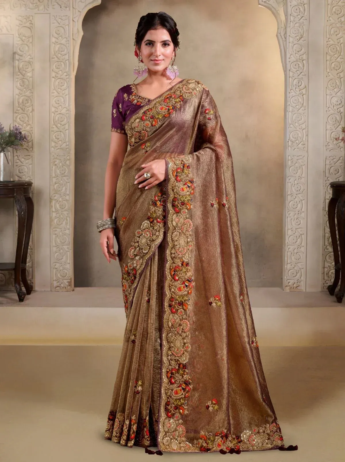 Brown Pure Banarasi Crush Khatli Work Designer Saree