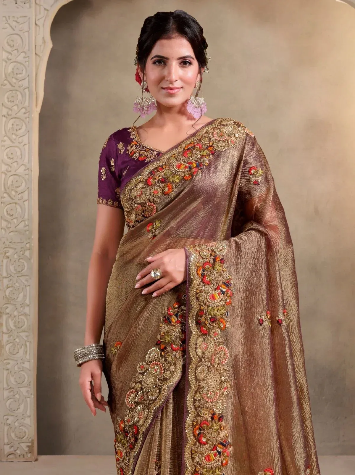 Brown Pure Banarasi Crush Khatli Work Designer Saree - Image 2