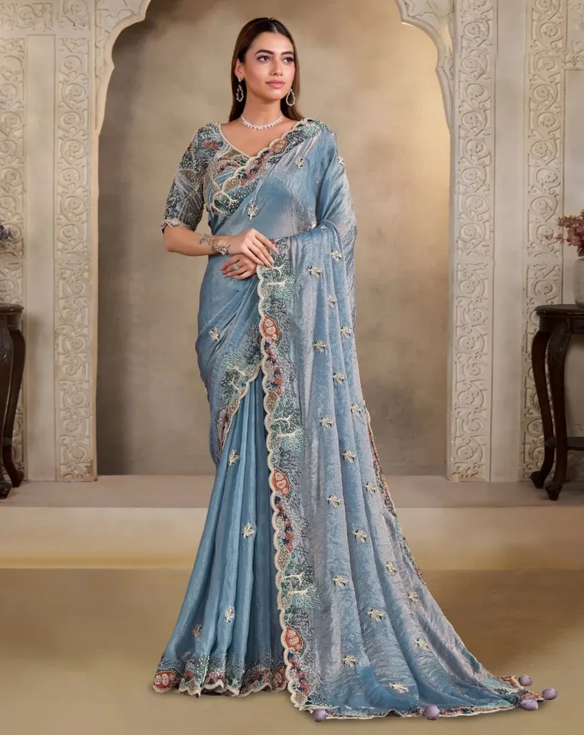 Blue Two Tone Satin Silk Pearl Handwork Designer Saree