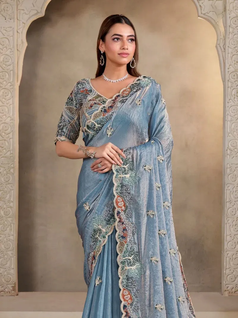 Blue Two Tone Satin Silk Pearl Handwork Designer Saree - Image 2