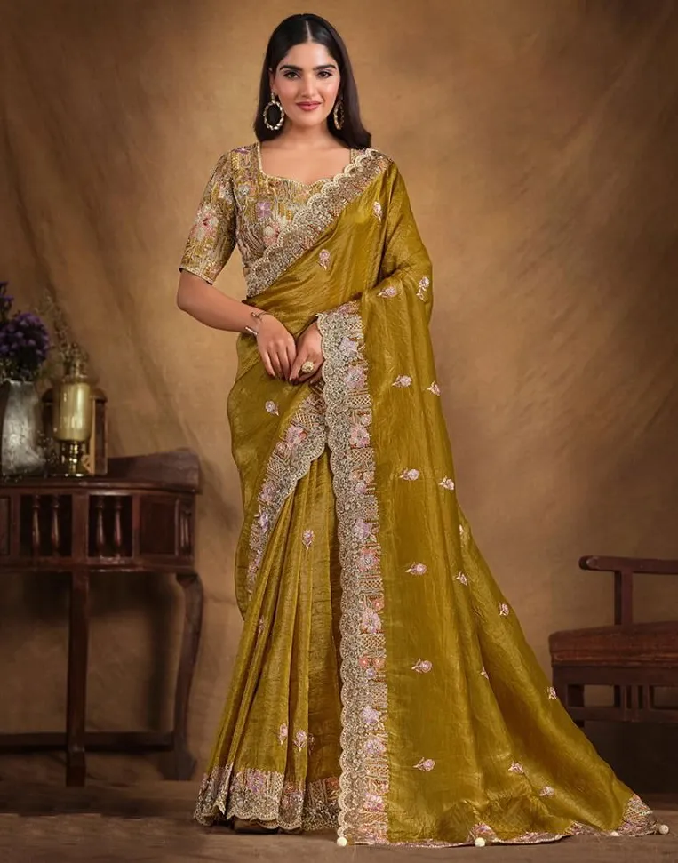 Mustard Yellow Crush Paper Silk Pearl Handwork Designer Saree