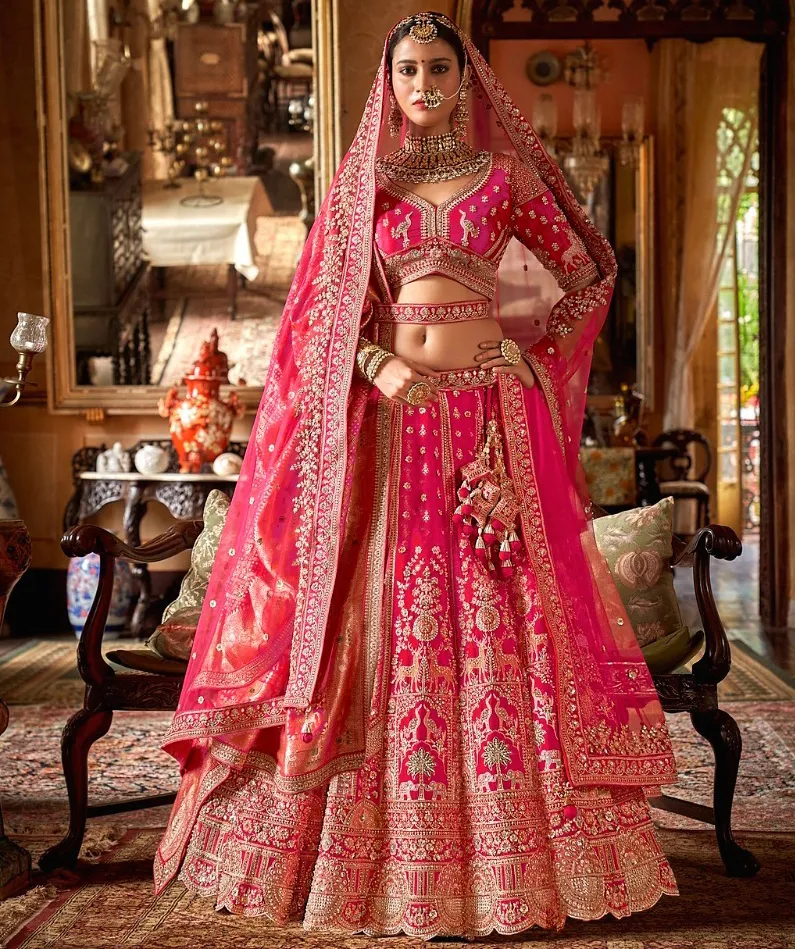 Rani Pink Bridal Silk Sequin & Pearl Embroidered Readymade Lehenga Set