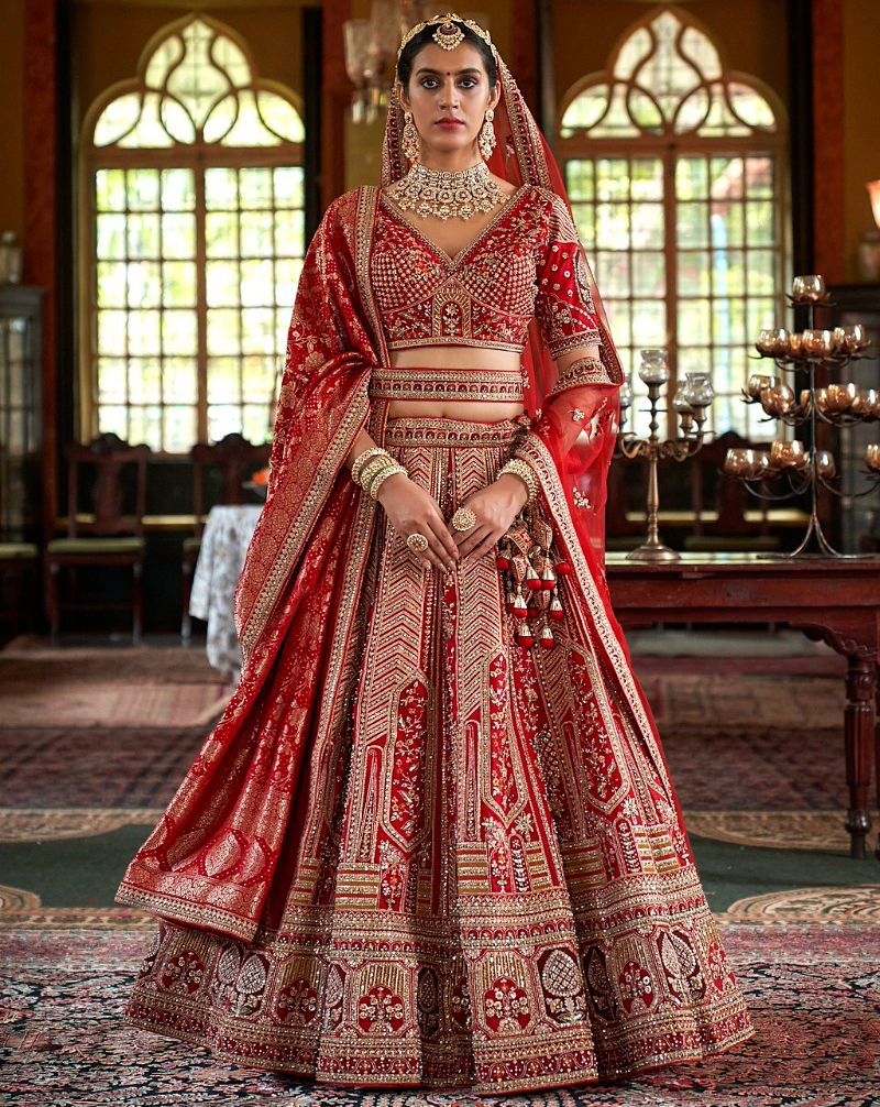 Red Bridal Tone Silk Pearl Work Bridal Readymade Lehenga