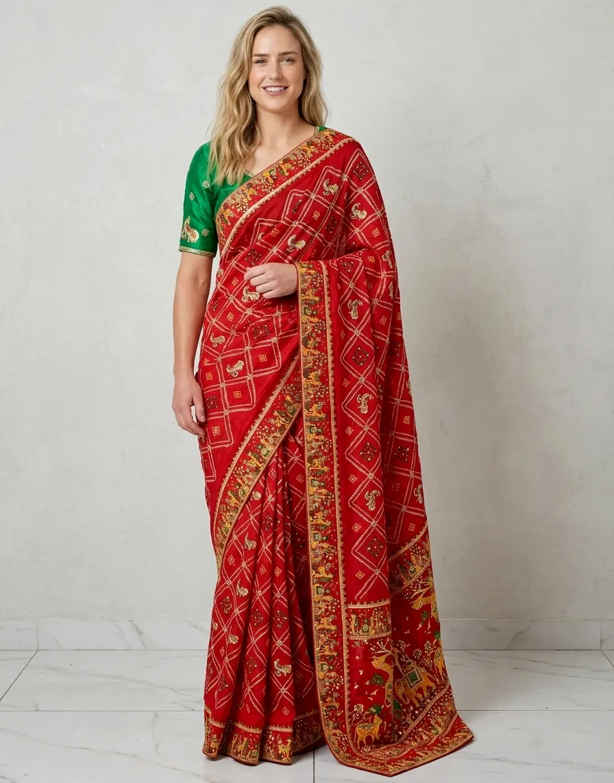 Red Dola Silk Heavy Jacquard Lace Border Designer Saree