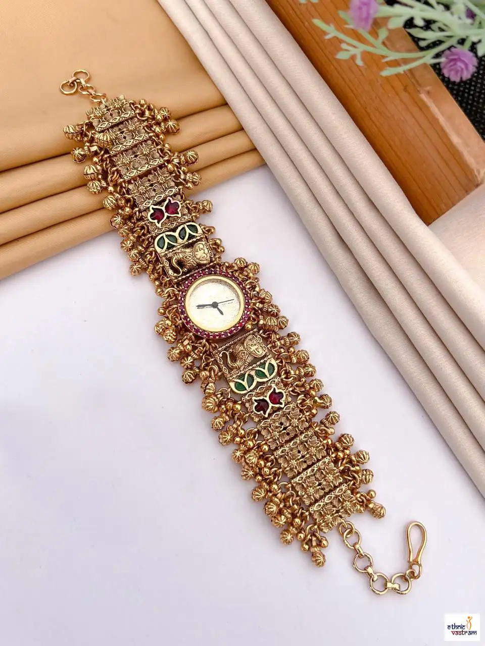 Red Stone Ghungroo Drops Traditional Ethnic Kashmiri Watch