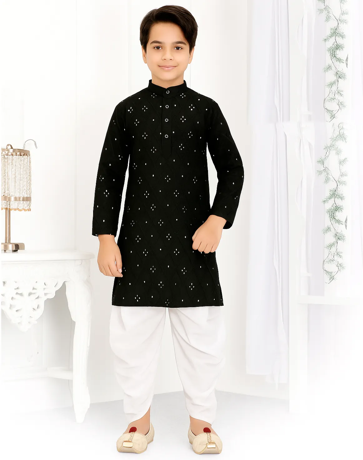 Black Cotton Mirror Work Kid's Kurta Pyjama