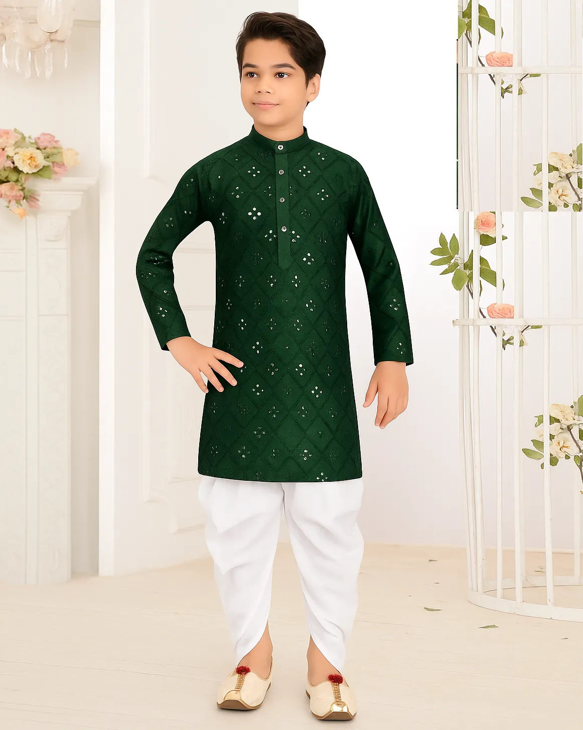 Green Cotton Mirror Work Kid's Kurta Pyjama