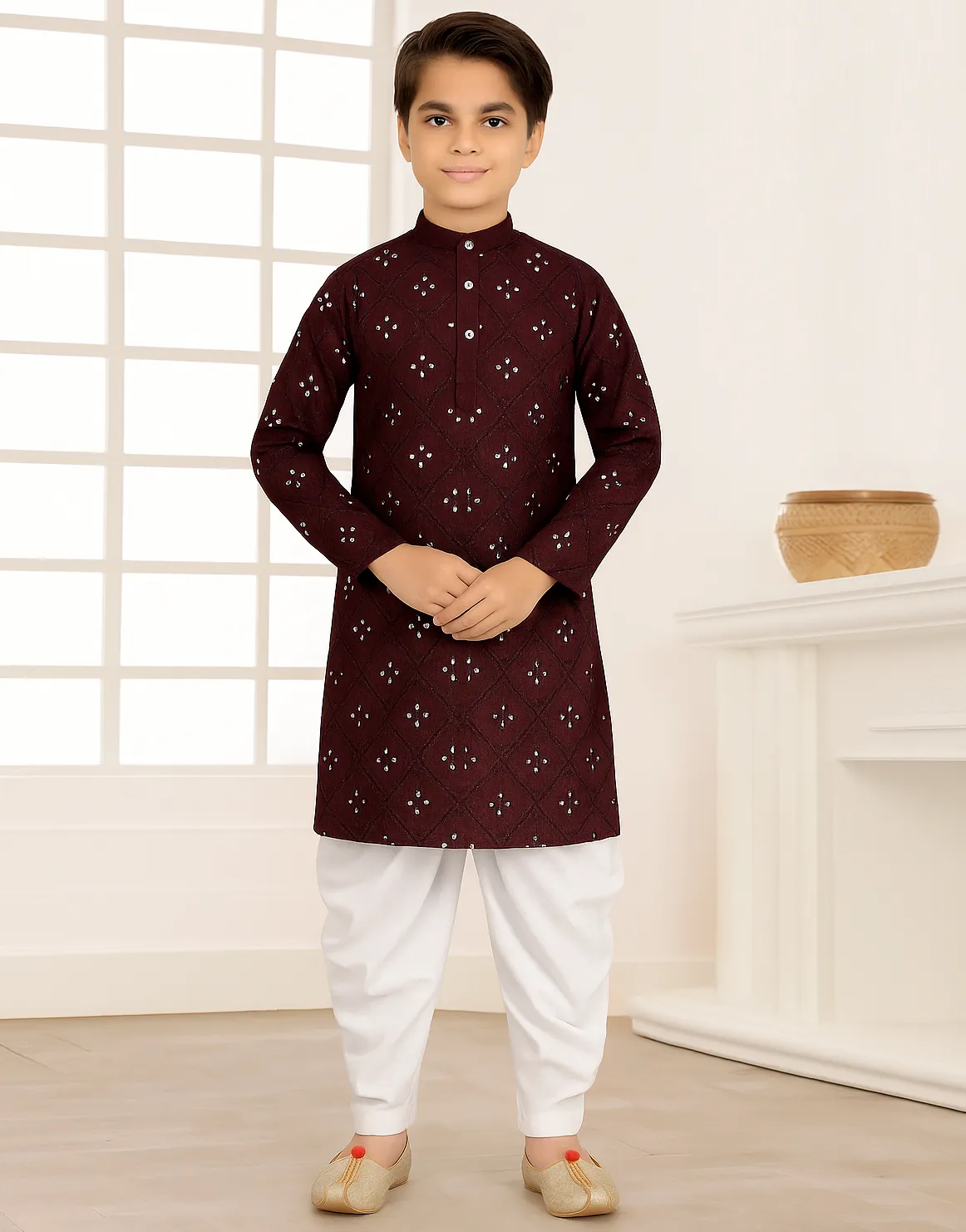 Wine Cotton Mirror Work Kid's Kurta Pyjama